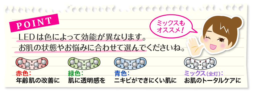 ポイント：LEDは色によって効能が異なります。お肌の状態やお悩みに合わせて選んでくださいね。赤色：年齢肌の改善に・緑色：肌に透明感を・青色：ニキビができにくい肌に・ミックス（全灯）：お肌のトータルケアに