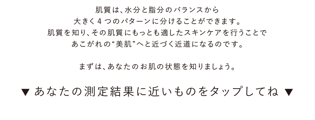 肌質は、水分と脂分のバランスから大きく4つのパターンに分けることができます。肌質を知り、その肌質にもっとも適したスキンケアを行うことであこがれの“美肌”へと近づく近道になるのです。まずは、あなたのお肌の状態を知りましょう。あなたの測定結果に近いものをタップしてね